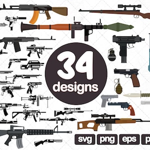 May include: A set of 34 vector illustrations of different types of guns, including rifles, pistols, and machine guns. The illustrations are in black and white and are suitable for use in a variety of projects, such as websites, apps, and print materials. The text "34 designs" is also included in the image.