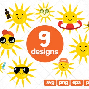 9 Sun clipart, sun svg, summer clipart, sun cricut, sun png, weather clipart, sun face svg, cute sun clipart, sunshine clipart, kawaii