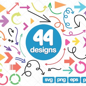 May include: A collection of 44 colorful arrow designs in various styles, including straight, curved, and circular arrows. The arrows are arranged around a blue circle with the text "44 designs" in white. The image also includes the text "svg png eps pdf" at the bottom.