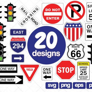 20 の道路標識クリップアート SVG コレクション、停止、速度制限、一方通行、信号、譲歩、踏切、進入禁止、SVG、PNG、eps