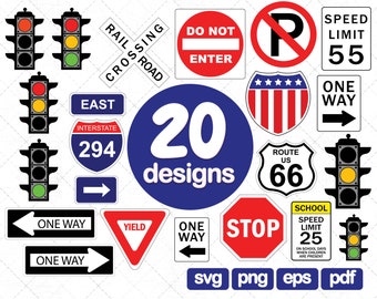 20 Road Sign Clipart SVG Collections, Stop, Speed Limit, One way, Traffic lights, Yield, Rail Road Crossing, Do not Enter, SVG, PNG, eps