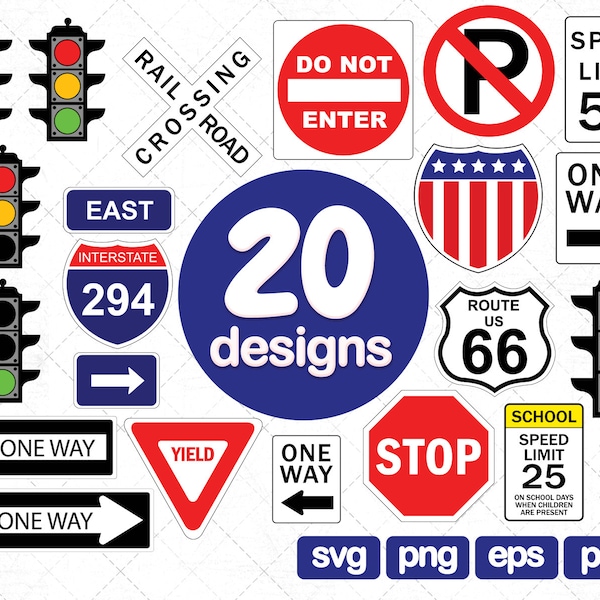 20 Road Sign Clipart SVG Collections, Stop, Speed Limit, One way, Traffic lights, Yield, Rail Road Crossing, Do not Enter, SVG, PNG, eps