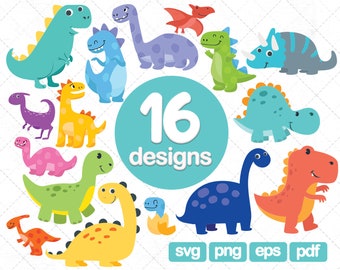 16 Cute Dinos Clipart, Scrapbook printable dinosaur Clip Art Commercial Use. Trex, Triceratops, brontosaurus, stegosaurus graphics svg png