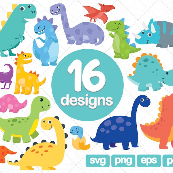 16 Imágenes Prediseñadas de Dinos lindos, Scrapbook imprimible dinosaurio Clip Art Uso comercial. Trex, Triceratops, brontosaurio, estegosaurio gráficos svg png