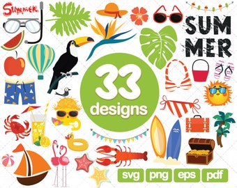 33 paquete de imágenes prediseñadas de verano, Beach Vacation Summer Clip art, Fun Beach Party Picture Graphics, cricut, diseño svg