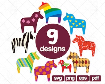 May include: Nine different designs of colorful Dala horse illustrations. The horses are in various patterns, including stripes, polka dots, and hearts. The text "9 designs" is in white on a maroon circle.