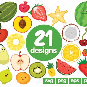 21 Fruits Clipart Collections, Watermelon, apple, pear, pineapple, kiwi orange, cherry, pomegranate, coconut, lemon, banana, svg, png, eps