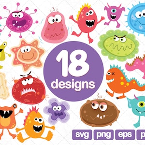 18 Monsters Clipart Collections, Bacteria Clipart, Microbe Clipart, Virus Clipart, SVG, png, images, graphic, design, cricut, vector