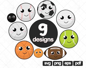 9 Bälle Clipart PNG, SVG, Ball Kawaii, Fußball, Basketball, Baseball, Tennis, Volleyball, Rugby, Ball, Svg, Png, geschnitten, druck