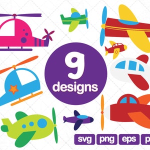 9 Planes Clipart, airplane clipart, plane svg, plane silhouette, kids plane, transport clipart, helicopter clipart, biplane clipart, png
