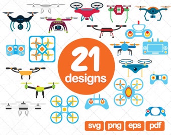 May include: A set of 21 drone designs in various colors and styles, including a blue drone with a camera, a red drone with a propeller, and a green drone with a propeller. The designs are perfect for creating digital or printed products.
