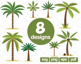 May include: Eight different designs of palm trees in a green circle with the text "8 designs" in white. The palm trees are in various styles and sizes, with some having coconuts.