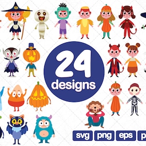 May include: 24 colorful Halloween character designs in a variety of costumes, including a witch, vampire, ghost, mummy, pumpkin, and more. The designs are perfect for creating Halloween crafts, decorations, and party favors.