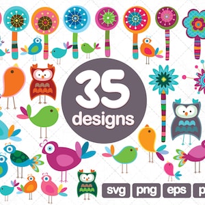 35 Colored Tree Clipart, Colored Birds Clipart