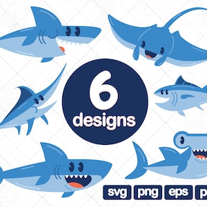 6 Shark Clipart SVG, baby shark clipart, shark png, Happy Shark images, great white shark, shark cutting file, Fish Clipart png