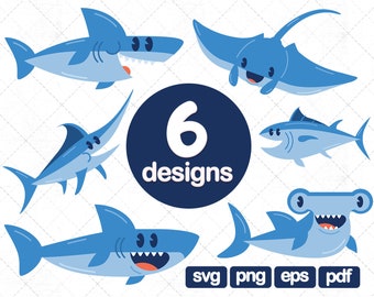 6 Shark Clipart SVG, baby shark clipart, shark png, Happy Shark images, great white shark, shark cutting file, Fish Clipart png