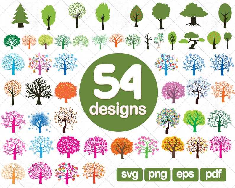 Puede incluir: 54 dise&ntilde;os de &aacute;rboles coloridos en varios estilos, incluyendo simple, caprichoso y abstracto. Los dise&ntilde;os son perfectos para manualidades, scrapbooking y proyectos digitales. La imagen incluye el texto "54 dise&ntilde;os" y los formatos de archivo "svg, png, eps, pdf".