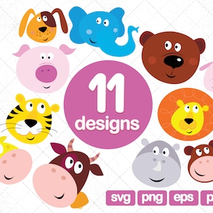 11 Animals Head Clipart Collections, elephant, dog, tiger, giraffe, bear, sheep, lion, cow, pig, rhino, hippopotamus, svg