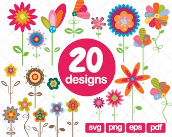 May include: A set of 20 colorful flower designs in SVG, PNG, EPS, and PDF formats. The flowers are in various styles and colors, including red, pink, yellow, blue, green, and orange.