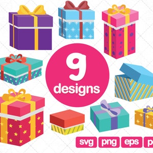 9 Giftbox ClipArt, Present Boxes Clip Art, Instant Download, Birthday Holiday Gift Box, svg, bundle, png, Box, Birthday, Party