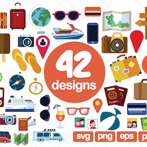 42 Paquete de Vlipart de viaje, imágenes prediseñadas del globo, imágenes prediseñadas de la playa, imágenes prediseñadas de viaje, iconos de viaje, png, cricut, imágenes, gráficos, impresión, imprimible