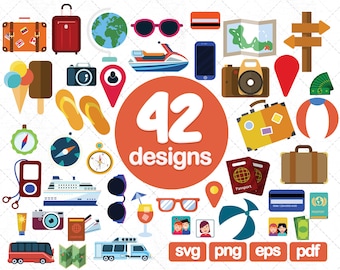 42 Paquete de Vlipart de viaje, imágenes prediseñadas del globo, imágenes prediseñadas de la playa, imágenes prediseñadas de viaje, iconos de viaje, png, cricut, imágenes, gráficos, impresión, imprimible