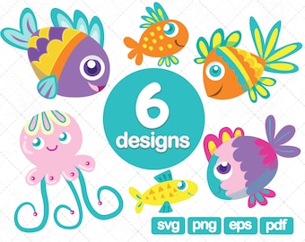 6 Colorfull Fish Clipart Pack SVG, PNG, EPS