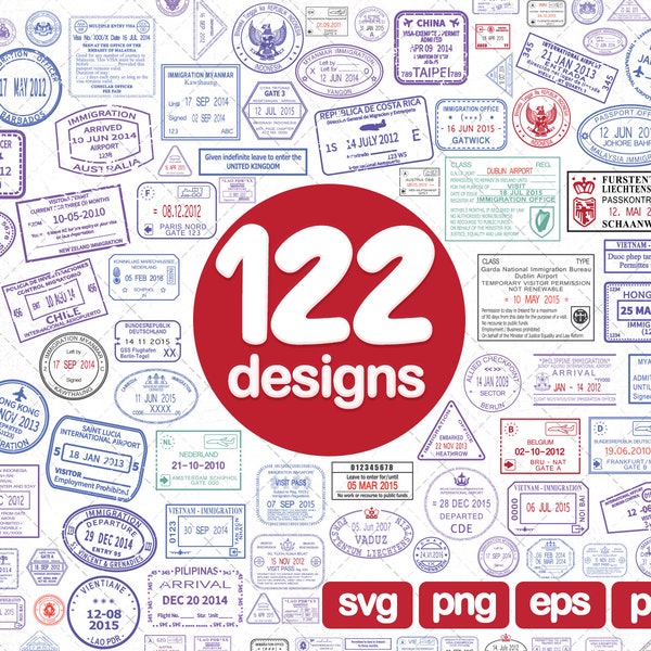 122 PAsport Stamp Clipart, Reisstempel Svg, Bundel, Poststempel svg, Postzegel svg, Reizen stempel clipart vector svg png eps stencil