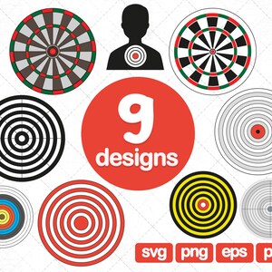 May include: Nine different designs of dartboard targets. The targets are in various colors, including black, white, red, green, yellow, and blue. The targets are all circular and have a bullseye in the center. The text "9 designs" is written in white on a red circle.