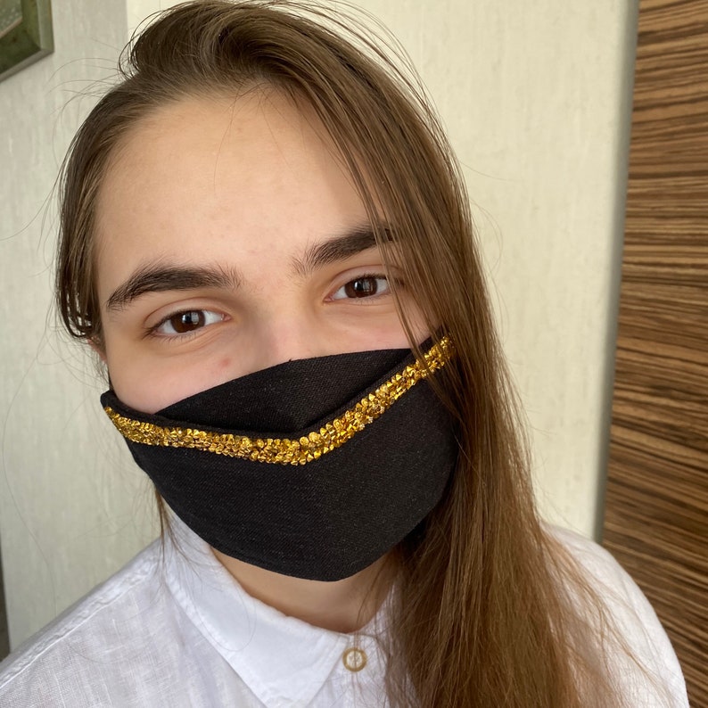 Rhnestones black Linen face mask. Korean style mask. Etsy