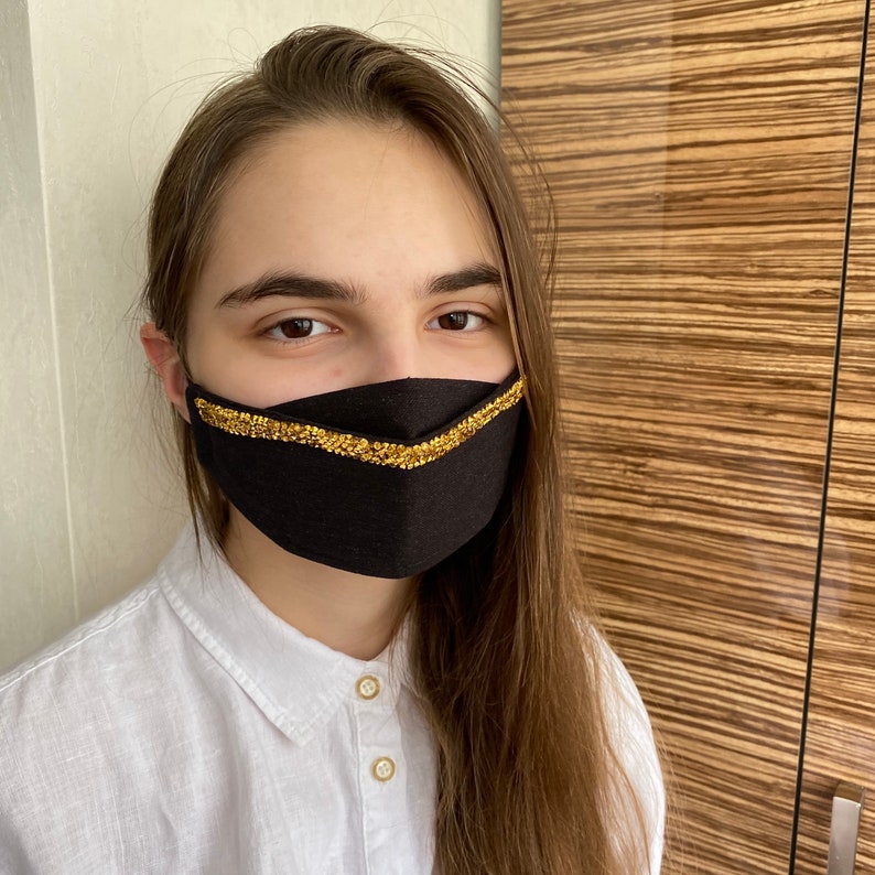 Rhnestones black Linen face mask. Korean style mask. Etsy