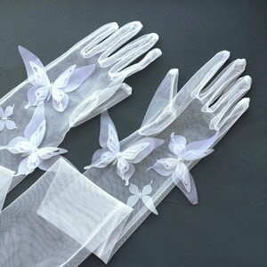 May include: A pair of sheer white gloves adorned with delicate white butterfly appliqu&eacute;s. The butterflies have detailed wings and are placed across the gloves. The gloves are made of a lightweight, see-through fabric.