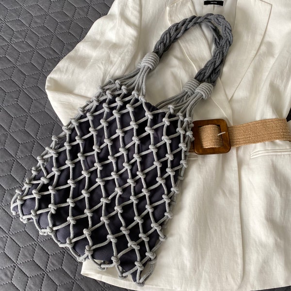 Eco friendly net mesh Bag. Macrame shoulder bag with linen bag. Woven Bag. Summer macrame bag. Large beach bag. Cozy home decor.