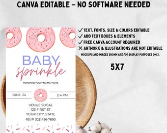 Donut Baby Sprinkle Invitation Template | Editable 5x7 Canva Invite (Digital Download)