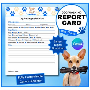 Informe de paseo de perros / Formulario de informe de paseo de perros / Resumen de paseo de perros / Plantilla de Canva / Descarga instantánea / Tema azul