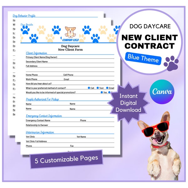 Dog Daycare New Client Form | Doggy Daycare New Client Contract | Consent Form | Pet Business Form | Waiver Sheet | Canva | Blue Theme