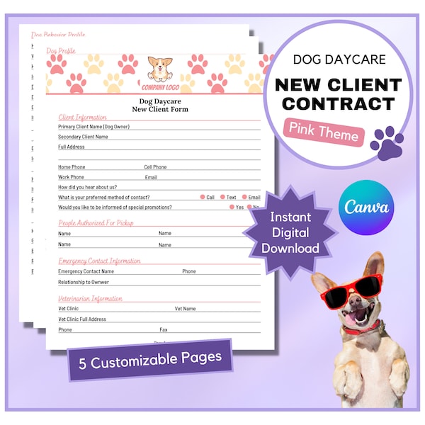 Dog Daycare New Client Form | Doggy Daycare New Client Contract | Consent Form | Pet Business Form | Waiver Sheet | Canva | Pink Theme