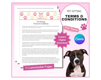 Pet Sitting Terms & Conditions | Dog Sitting Legal Form | Cat Sitting Contract | Pet Sitting Business Forms | Canva Template | Pink Theme