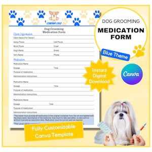 Dog Grooming Medication Form | Dog Grooming Health Form | Vet Form | Dog Grooming Medical Form | Dog Grooming Forms | Blue Vet Form