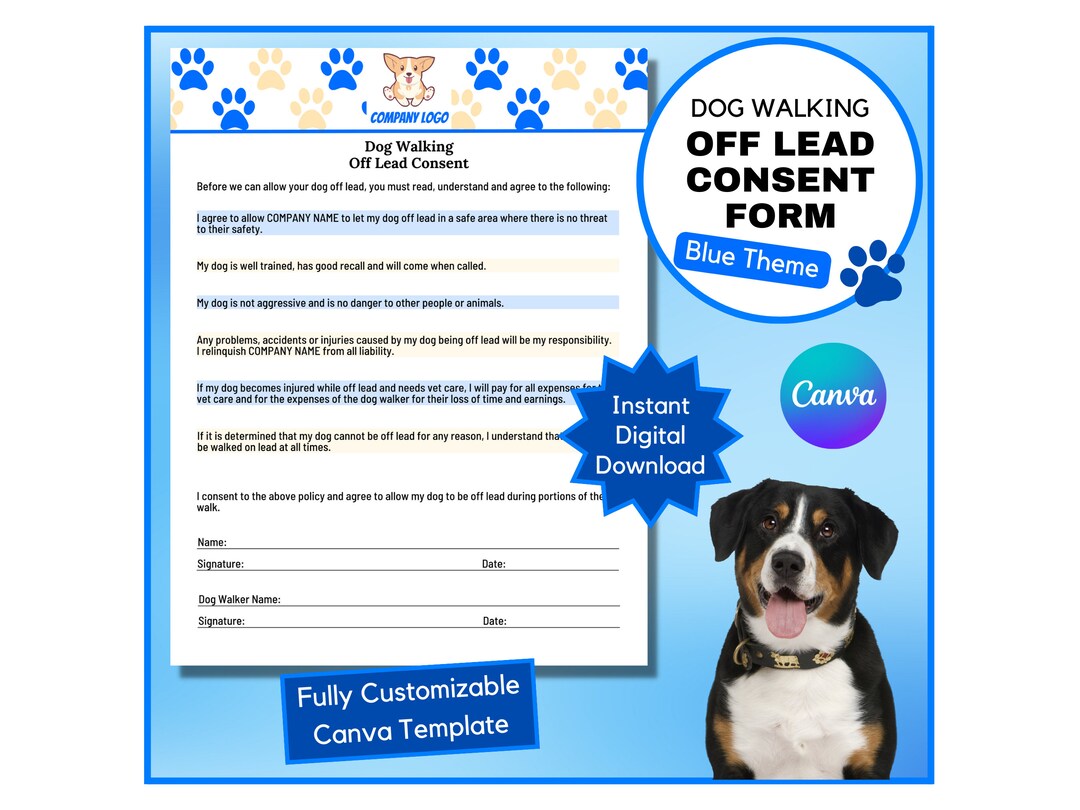 Dog Walking Offlead Consent Form Dog Walking off Lead Waiver Dog