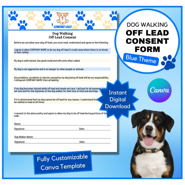 Dog Walking Off-Lead Consent Form | Dog Walking Off Lead Waiver | Dog Walker Off Leash Consent Form | Editable Canva Template | Blue