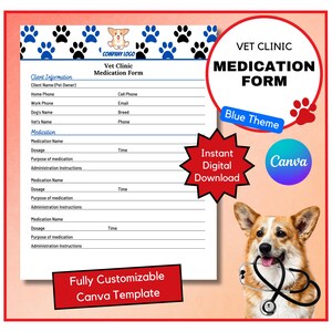 Vet Clinic Medication Form | Veterinarian Health Form | Vet Business Form | Vet Clinic Medical Form | Vet Clinic Forms | Blue Vet Form