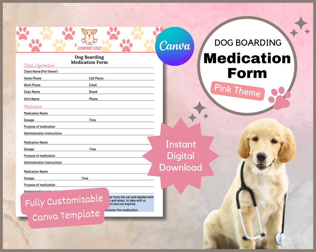 Dog Boarding Medication Form Dog Boarding Health Form Dog Etsy