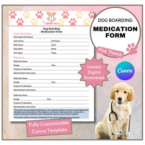 Dog Boarding Medication Form | Dog Boarding Health Form | Dog Boarding Vet Form | Boarding Medical Form | Pet Boarding Forms | Pink Vet Form