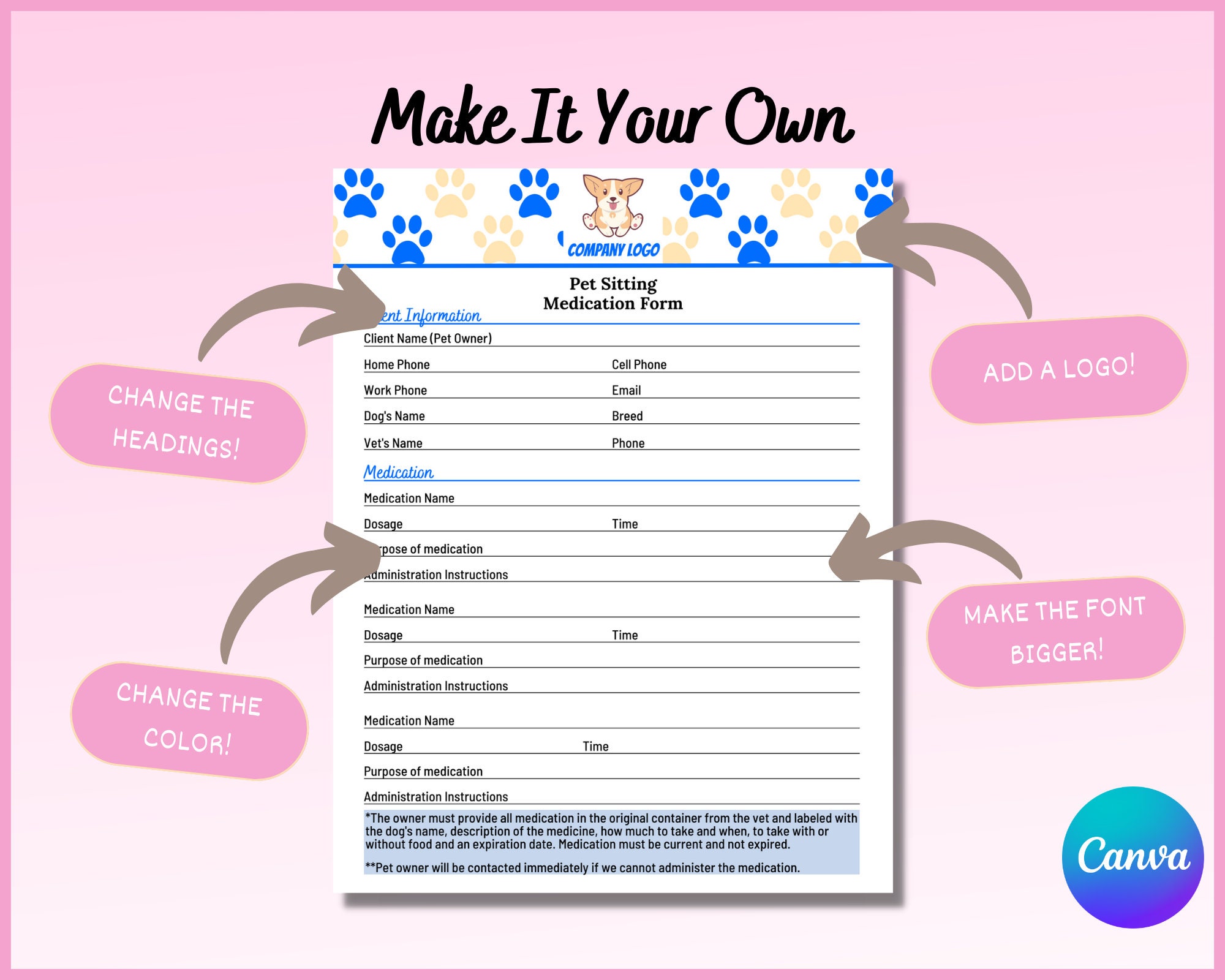 Pet Sitting Medication Form Pet Sitting Health Form Pet Etsy