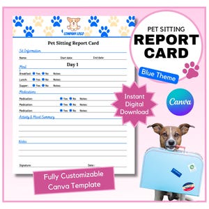 Informe de cuidado de mascotas / Formulario de informe de cuidado de mascotas / Resumen de cuidado de mascotas / Plantilla de Canva / Descarga instantánea / Tema azul