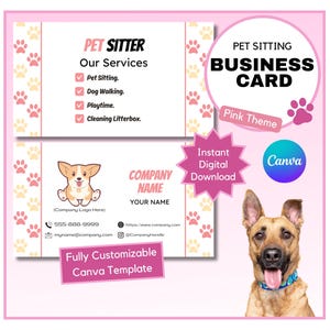 May include: Pink and white business card template for a pet sitter. The card features a cartoon dog, paw prints, and the text "Pet Sitting Business Card, Pink Theme".