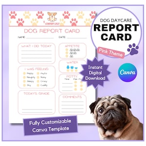 Boletín de calificaciones imprimible para perros / Formularios de guardería canina / Formularios de cuidado de mascotas / Plantilla de Canva / Descarga instantánea / PDF listo para imprimir / Guardería canina