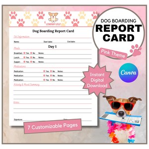 Informe de alojamiento canino / Formulario de informe de alojamiento canino / Resumen de alojamiento de mascotas / Plantilla de Canva / Descarga instantánea / Tema rosa