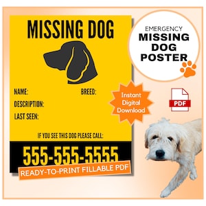 Printable Missing Dog Poster | Printable Lost Dog Poster | Lost Dog Flyer | Missing Dog Flyer | Printable PDF| Fillable Form
